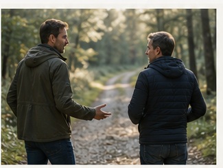 Zwei Männer gehen im Gespräch durch die Natur